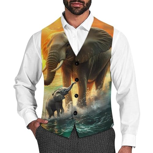 Colorful Seaside Elephants Mens Slim Fit Suit Vest Dress Waistcoat Casual Business Vest