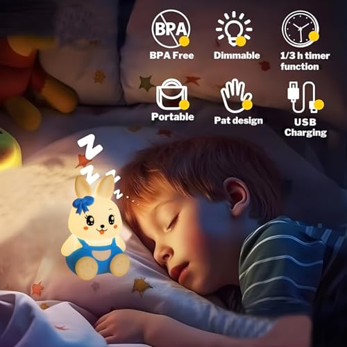 Image of One94Store Blue 7-Color Silicone Rabbit Night Lamp | Soft Squishy Cute Rabbit LED Bedside Light with Tap Control, Nursery Sleep Light, Rechargeable Baby Night Lamp for Bedroom & Home Decor