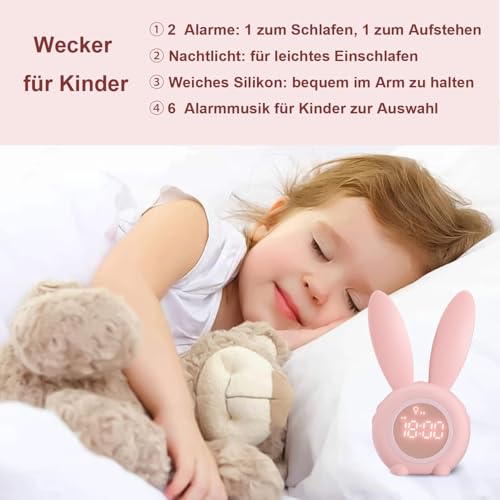 Baby Kinderwecker Mädchen Lichtwecker Hasenwecker Hasen Wecker Kinder mädchen Rabbit Alarm Clock Wake Up mit Schlummerfunktion,6 Laute Geräusche, zeitgesteuertes Nachtlicht Geschenk kawaii deko