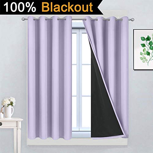 Image of Yakamok Lilac 100% Blackout Curtains 45 Inches Long for Bedroom 52 inch Wide | Blackout Curtain Panels for Bedroom, 2 Thick Layers Grommet Top Thermal Insulated Drapes with Black Liner for Living Room