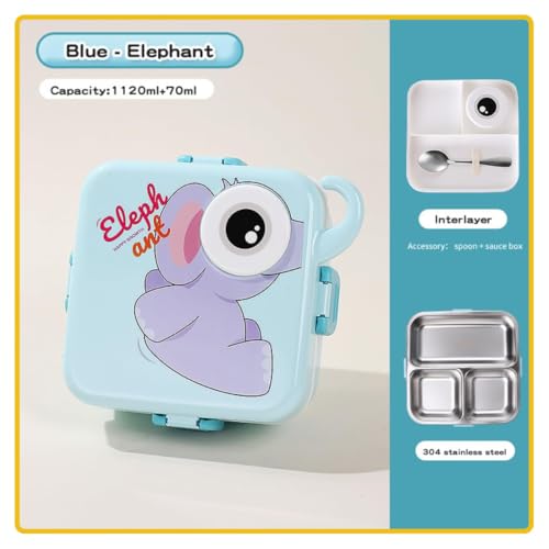 Image of YELONA 2-Layer Cartoon Shape Kids Lunch Box | Stainless Steel Inner, 3 Compartments | Airtight Leak-Proof BPA-Free Meal Box | 1120 ML + 70 ML Sauce Cup | School, Picnic Tiffin for Girls & Boys
