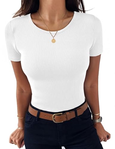 Aottori Damen Tshirt Rundhals Elegant Oberteile Gerippt Stretch T-Shirt Kurzarm Slim Fit Shirts Casual Basic Tops Weiß S