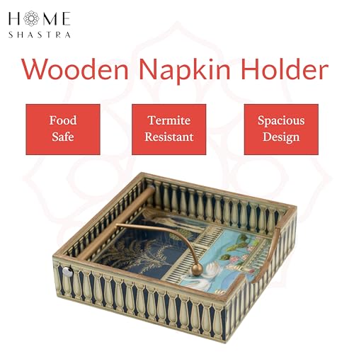 Image of Wooden Napkin Holder with Gold Engraving | Pack of 1 | Size : 7.5 x 7.5 inch | Enamel Coated Waterproof | Tissue Holder for Dining Table | (Swan Napkin Holder)