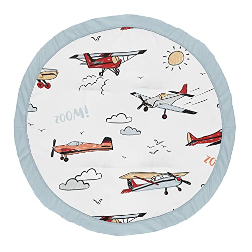 Image of Sweet Jojo Designs Vintage Airplane Boy Baby Playmat Tummy Time Infant Play Mat - Grey Yellow Orange Red White and Blue Airplanes Air Plane Transportation Clouds Sun Sky Aviator Aviation