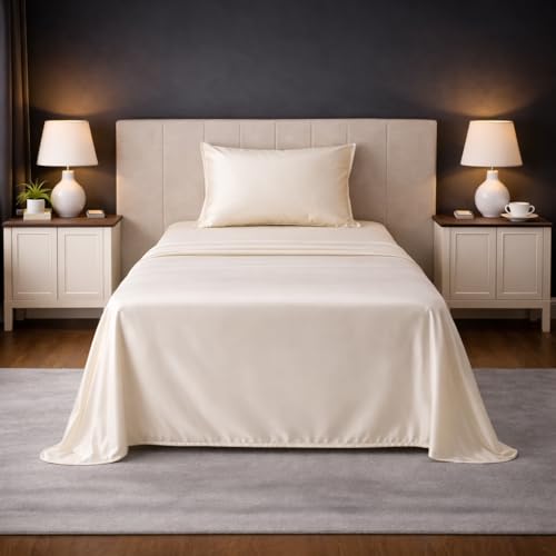 Image of LANE LINEN 100% Cotton Satin Fantasy Bedsheet Single Size - Ivory | OEKO-Tex Certified, 100% Cotton Satin Weave, Gentle on Skin & Hair, Wrinkle-Free, Includes 1 Pillow Cover