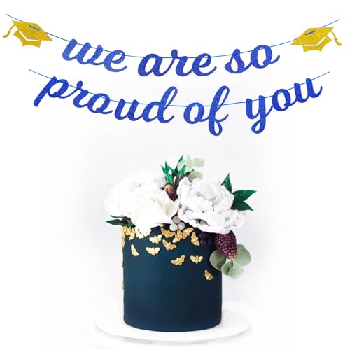 Image of Navy-Blue White-Gold Party-Decoration Graduation Banner - 8pcs Kits Cap Garland Streamers, Paper Tissue Pom Poms Flowers,We are So Proud of You Grad Graduation 2026 Decor Lasting Surprise
