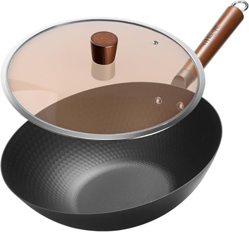 Image of WANGYUANJI Lightweight Carbon Steel Wok Pan with Lid, 12.6 inch Flat Bottom Stir Fry Wok for Induction, Electric & Gas Stoves, 2.9 lb Wok Body, Pre-Seasoned Nitrided Wok, No Chemical Coating