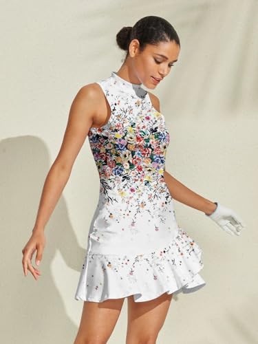 Women's Tennis Dresses Summer Sleeveless Plaid Athletic Dress for Women Standing Collar Ruffled Hem Midi Dresses3