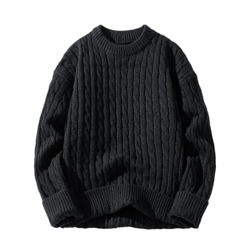 Men's Twisted Knit Sweater Round Neck Pullover Thickened Solid Color Loose Fit Knitted Winter Casual Top