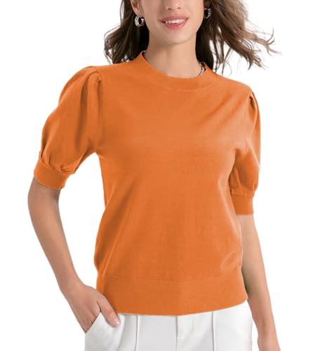 Women's Puff Short Sleeve Sweater Tops 2024 Crewneck Lightweight Knit Pullover Basic Solid Sweaters Blouse3