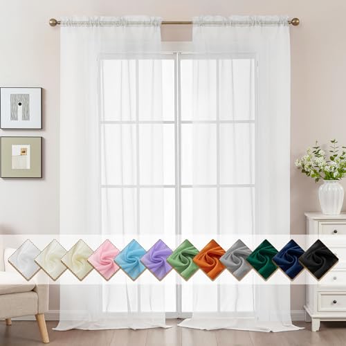 Image of White Sheer Curtains 108 Inches Extra Long, Privacy Semi Sheer Curtains for Living Room Bedroom, Light Filtering Rod Pocket Voile Window Drapes 2 Panels Set, Each 42 inch W x 108 inch L