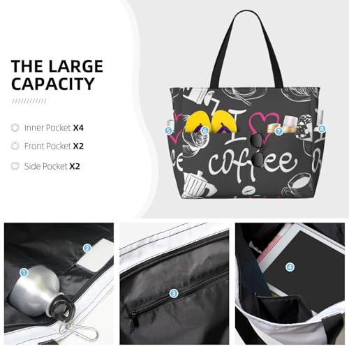 I Love Coffee Print Beach Pool Bags Tote For Women Ladies Large Gym Tote Carry On Bag For Weekender Travel Waterproof3