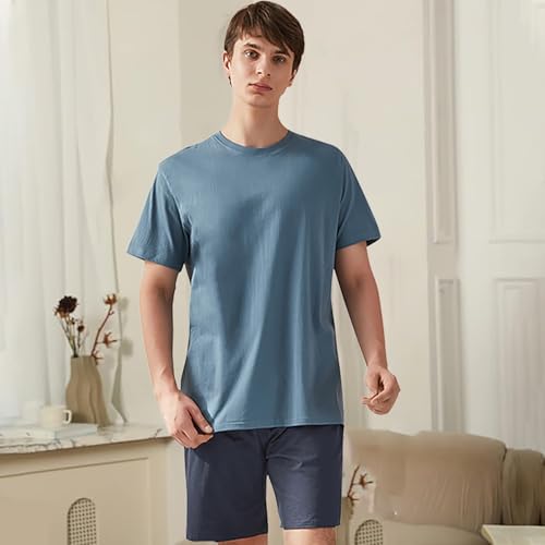 Qianxiu Men's Pajama Set Lounge Sleep Sets Men Classic Short Sleeve Sleepwear and Shorts Pjs Set with Pocket2