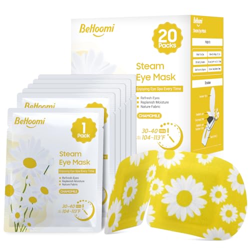 BeHoomi 20 Packs Steam Eye Mask, Heated Eye Mask Warm Compress for Eyes, Disposable Self Heating Steam Mask for Home, Sleep, Spa, Travel Essentials &amp; Relaxation Gifts for Women (Chamomile)
