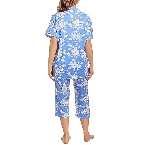 Image of Tugege Capri Pajamas Set Womens Button Down Short Sleeve Lounge Sets Sleepwear Notch Collar Top & Capri 2 Piece PJ Sets
