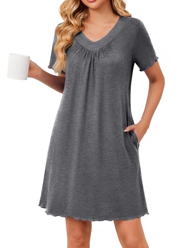 Ekouaer Nightgowns for Women Short Sleeve House Dress with Pockets Pleated Soft Moomoo V Neck Sleepwear,Mid Grey,XL