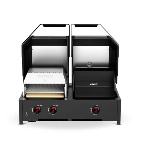 Cozze® Quattro 900 – Barbacoa de gas 4 en 1, Plancha Grill y Horno para Pizza | Estación 13kW con Quemadores Infrarrojos, Piedra de Cordierita, Plancha de Gas de Hierro Fundido y Mandos LED