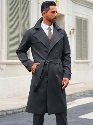 Image of Runcati Mens Trench Coat Double Breasted Notched Lapel Casual Belted Windbreaker Fall Classic Long Jacket Overcoat