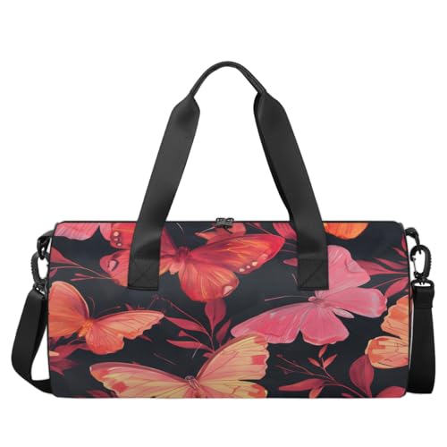 Butterflies Round Barrel Sports Fitness Bag, Black Red Travel Luggage Bag, Reusable Handbag, Suitable For Men and Women2