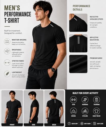 Image of Men's Black Performance T-Shirt, Quick Dry, Breathable, 2-Way Stretch, Reflective Detailing, for Running & Gym