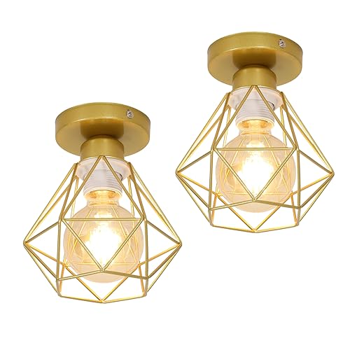 Juego de dos lamparas de techo industriales retro E27 Diamond Iron Gold Luces de techo retro Diseño de metal Lámparas de techo para sala de estar Dormitorio Café Bar Restaurante Pasillo Entrada