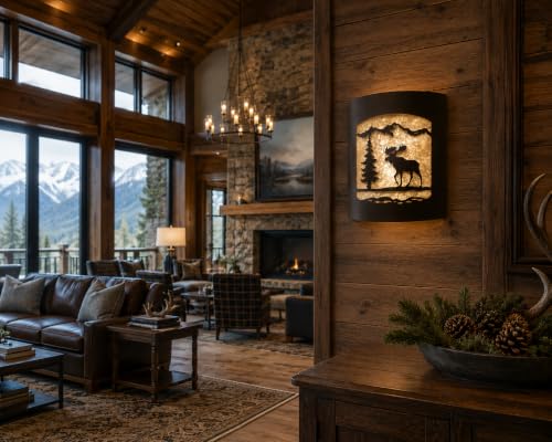 Image of Rustic Moose and Pine Tree Wall Sconce | Lodge Cabin Decor, Woodland Nature Design, Light Fixture