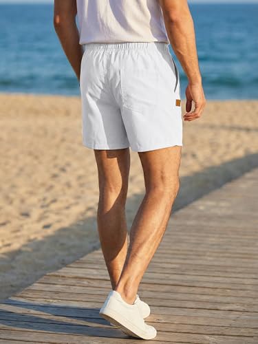 Image of JMIERR Mens 5 inch /7 inch Cotton Linen Lightweight Drawstring Casual Beach Shorts | Regular Fit, Elastic Waist, Beaded, Deep Side Pockets, Leather Patch, Breathable, Summer Vacation Essentials, Cruise Travel