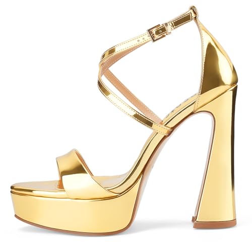 Women's Chunky High Heel Platform Sandals Open Peep Toe Ankle Strap Dress Strappy Heels with Single Cross Strap Buckle for Ladies Sexy Wedding 5 Inch2