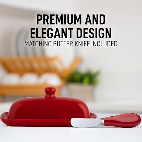 Image of Zulay Kitchen Butter Dish With Lid For Countertop - Porcelain Red, Ceramic Butter Dish with Knob Handle Great for Cooking - Elegant Design Butter Holder - Durable & Sturdy Butter Keeper - Red