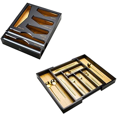 Cozee Bay Bamboo Bag Organizer, Wrap dispenser, and Drawer Organizer Bundle for Kitchen Drawer (Black) Cover
