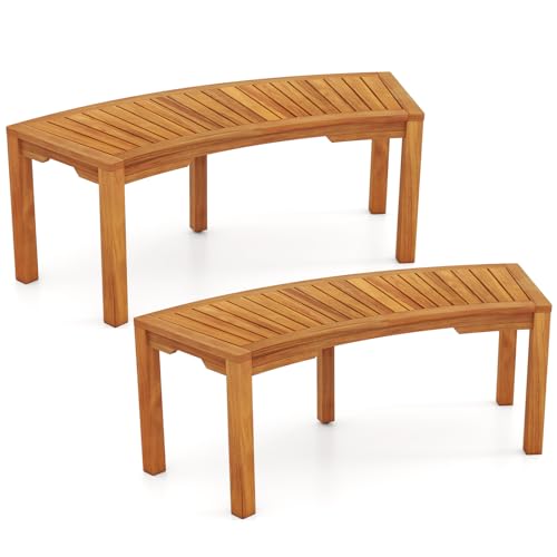 Tangkula Outdoor Curved Bench, Acacia Wood Fire Pit Bench w/Slatted Seat, Patio Backless 2-Person Seating for Porch, Yard, Garden, 800 LBS Max Load, Oil Painted (2, 45")