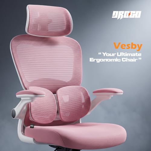 Image of DROGO Vesby Ergonomic Office Chair for Work with Dual Adaptive Lumbar Support | Breathable Mesh Computer Chair with 3D Headrest,3D Padded Armrest | Gaming Chair with 135 Recline, 1-Yr Warranty(Pink)