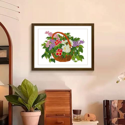 Zhenqing Plant-Themed Printed Cross-Stitch Kit - Easy Embroidery Set for Adult Beginners, 11CT 15×18.9inch, Includes Complete Tools, Perfect for Creative Home Decor (Flower Basket 65850)