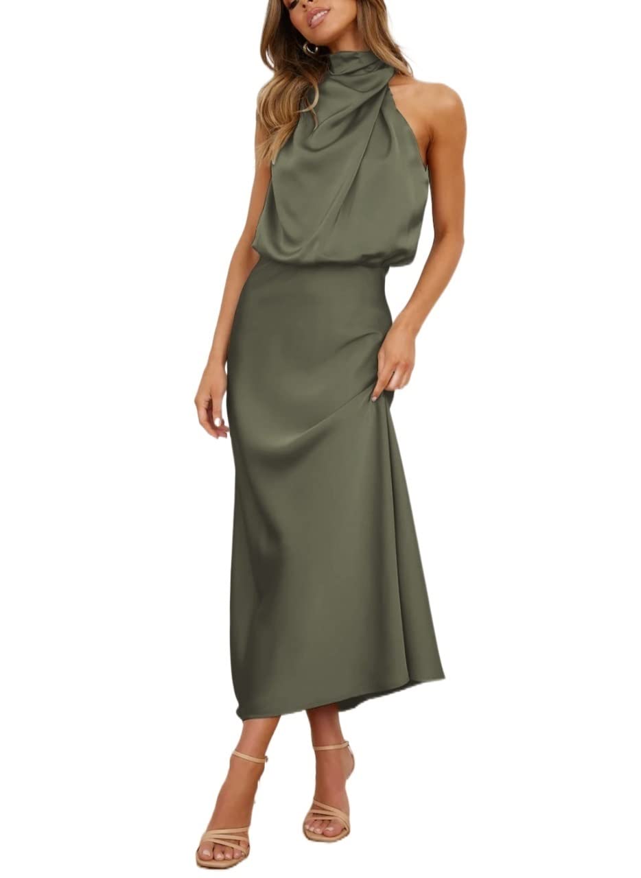 battle green color dress Vintage Scoop Neck Puff Sleeve Colorblock Lace-Up Midi Dress Green