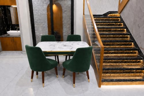 Image of WOODEN SPACE 4 Seater Wooden Dining Table Set | Urban Marble Top Dining Table with Chairs for Dining Room & Kitchen (Modern Frontline Dark Green) (54 x 36 x 30 inch)