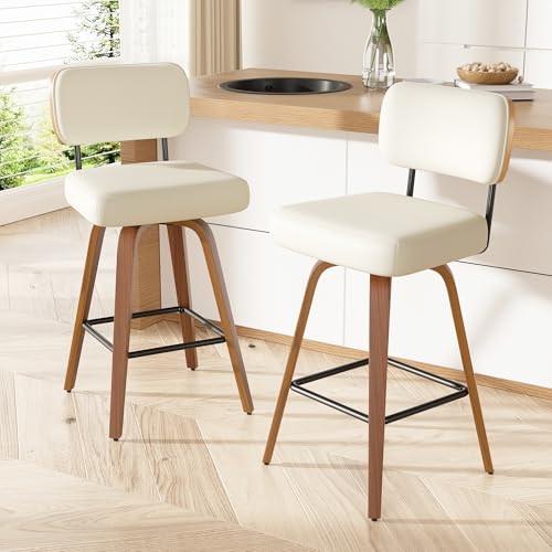 Image of Swivel Bar Stools Set of 2, 26 inch Upholstered Faux Leather Counter Height Barstools with Walnut Back & Bentwood Legs, Mid Century Modern Bar Chairs Island Stools for Kitchen Counter, Cream White