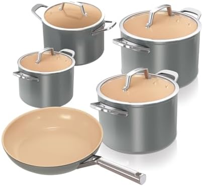 Ninja Extended Life CW95000EUUKDB Ceramic Cooking Set 5-Piece (20 & 24 cm Sauté Pan + 16, 18 & 20 cm Pots & Lids), Non-Stick Coating (No PFAs, PFOAs, Lead & Cadmium), Grey & Terracotta image 2