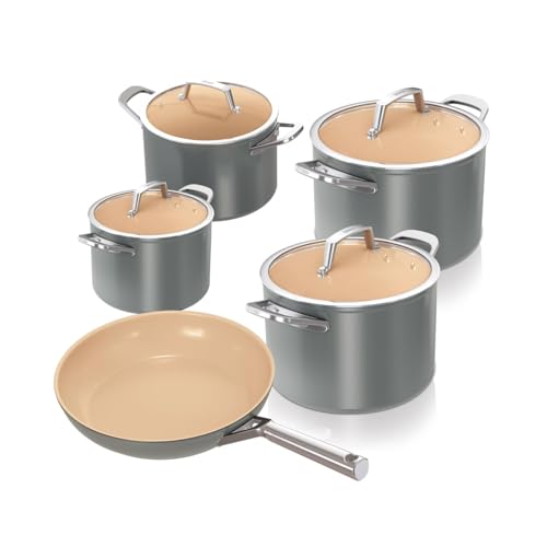 Ninja Extended Life Keramic CW95000EUUKDB Batterie de cuisine 5 pièces (sauteuse 20 et 24 cm + casseroles et couvercles) de 16, 18 et 20 cm, revêtement antiadhésif (sans PFA, PFOA, plomb et cadmium),