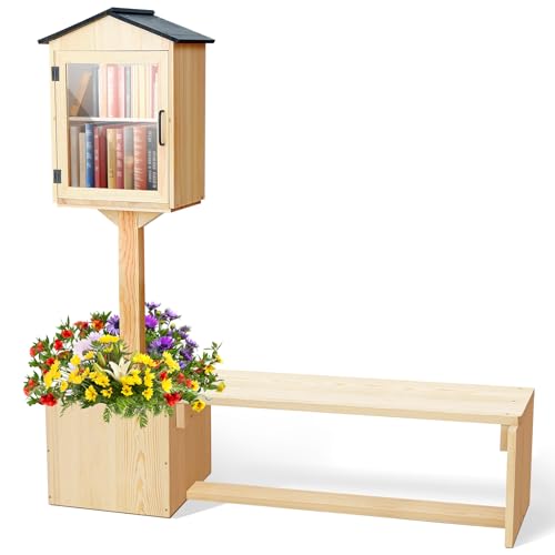 Wonderjune Outdoor Library Box and Bench Set, Waterproof Double Outdoor Book Box Storage with Matching Wooden Seats Floor Plugs and Small Flower Fence for Neighborhoods, Community(Wood)