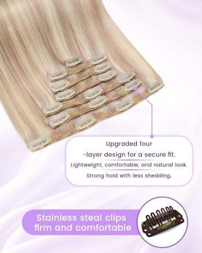 Image of LaaVoo Human Hair Clip in Extensions Highlights Hair Extensions Clip ins Ash Blonde Mix Bleach Blonde Clip in Hair Extension Real Human Hair Silky Straight 24 Inch7pcs 150g