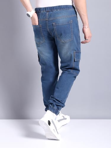Image of The Indian Garage Co Men Regular Fit Solid Mid-Rise Stretchable Denim Cargo Joggers