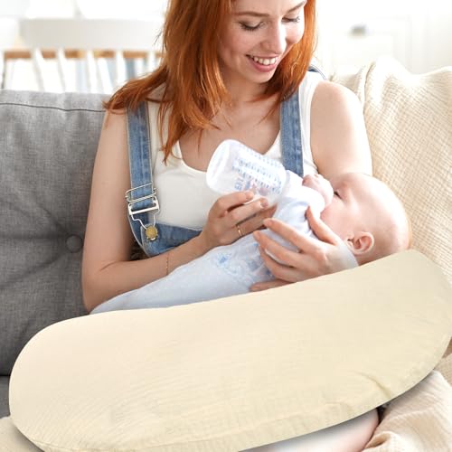 Hooyax Muslin Nursing Pillow Covers Only, Soft and Breathable Nursing Covers for Breastfeeding Pillows, Adorable Infant Feeding Pillow slipcover for Baby Boy and Girls (Wheat)