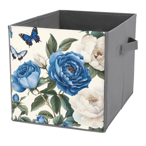 Jubonexis Cubos de almacenamiento de rosas azules y blancas, cubos de almacenamiento, plegables, cestas de almacenamiento de tela decorativas, organizadores del hogar con asas para estantes, armario