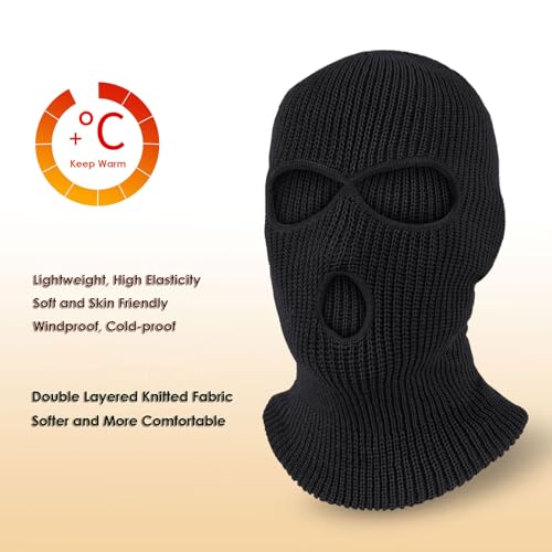 Image of 3 Hole Black Knitted Face Mask for Men Women, 2 Pack Balaclava Shiesty Ski Mask with Mouth Hole, Winter Full Face Cover for Cold Weather Motorcycle Helmet