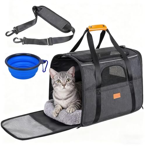 Dalephoric 42x28.5x34cm Trasportino per Gatti, Pieghevole, Trasporto per gatto, Trasportino Gatto con Tappetino Rimovibile e Ciotola, Portabile Traspirante, Per Gatti e Cuccioli Fino a 7,5 kg, Grigio