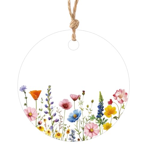 jijAcraft Geschenkanhänger Rund mit Blumen Gras: 5.5cm Weiß Papier Anhänger zum Beschriften 50 Stück Papier Etiketten mit Loch und Schnur Papieranhänger für DIY Weihnachten Geburtstag Geschenk