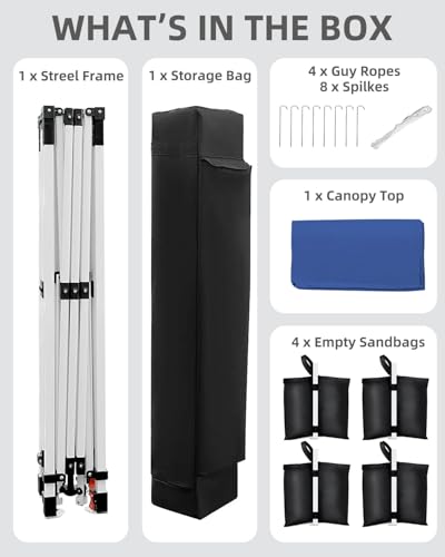 10x10 Pop Up Canopy Tent, Outdoor Tent with 3 Adjustable Height, Easy Set Up Canopy with 4 Sandbags & Carrying Bag for Camping, Parties, Outdoor Events -Blue