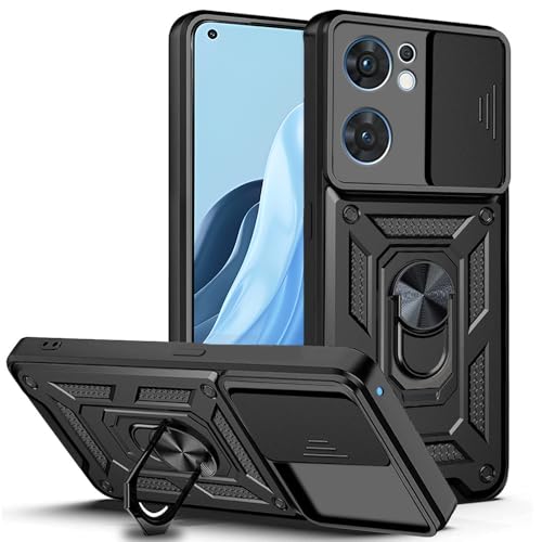 Image of AESTMO Tough Armor Oppo Reno 7 5G Bumper Back Case Cover | Ring Holder & Sliding Camera Shield Cover | 360 Degree Protection Back Case Cover for Oppo Reno 7 5G (Black)
