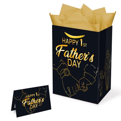 PARSUP First Fathers Day Gift Bags, 1 Pack, 13 x 10.2 x 4.9 in, with Card and Tissue Paper, Best Dad Ever Paper Bags for Party Favor