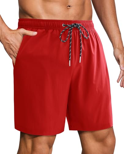 Gleeease Mens Swim Trunks 7 Inch Mens Swimming Trunks with Mesh Liner 7 Inch Stretch Quick Dry Lined Pockets Drawstring Funny Beach Swimming Pool Surf Holiday Red Medium Swim Trunks